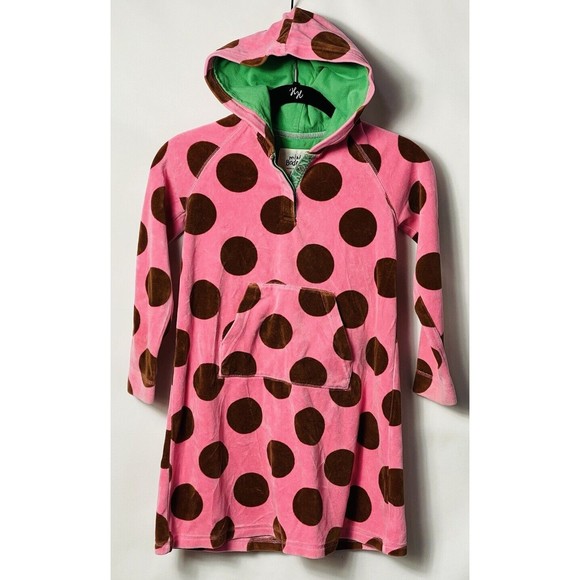 Mini Boden Other - Mini Boden Hooded Velour Dress Girls 7-8Y Pink Brown polka dot long sleeve Cover